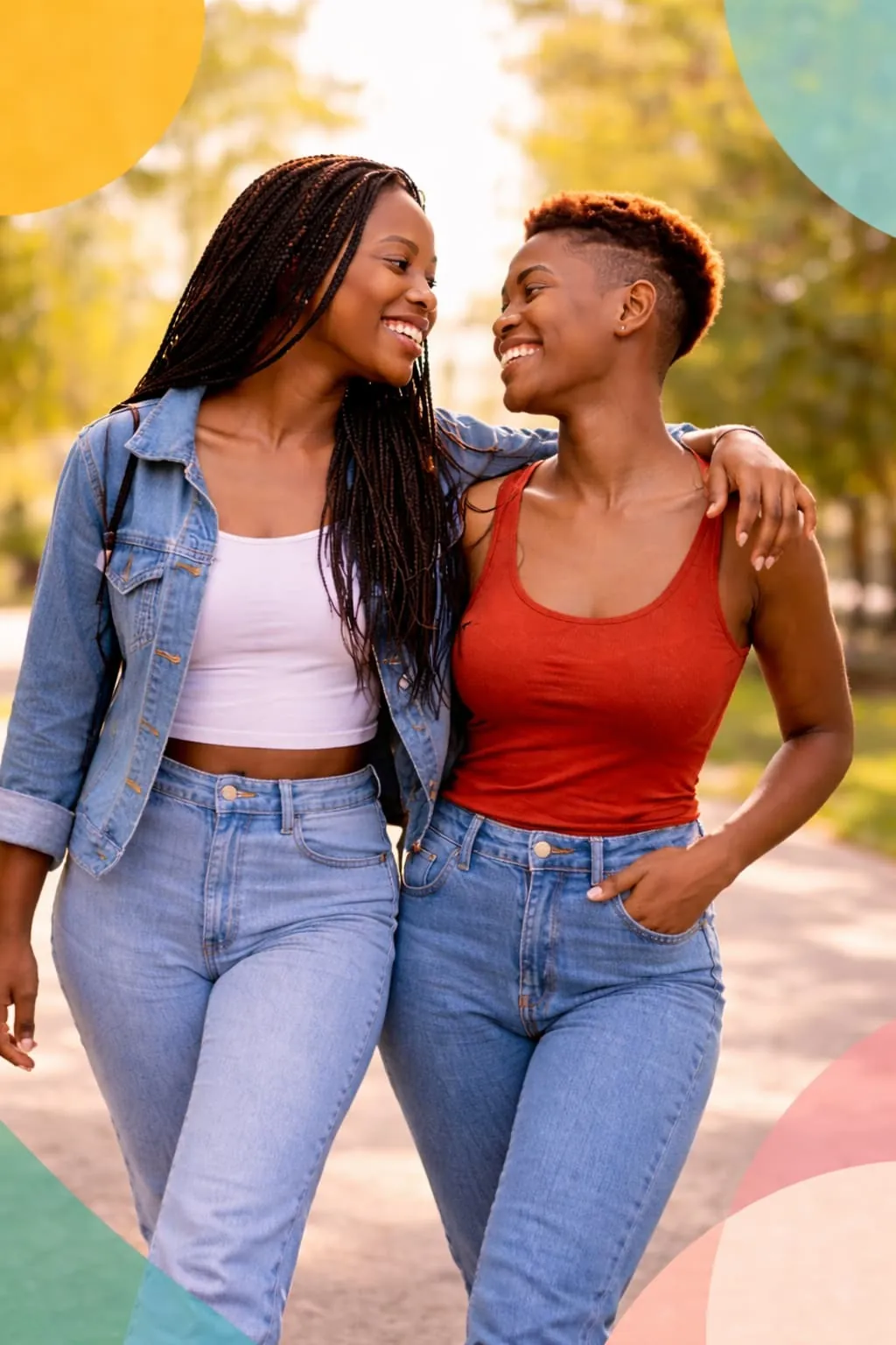 Two queer women walking together and smiling outdoors